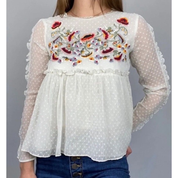 ZARA Trafaluc Collection Boho Top Embroidered Floral Peplum Ruffled Size Small - Picture 6 of 15